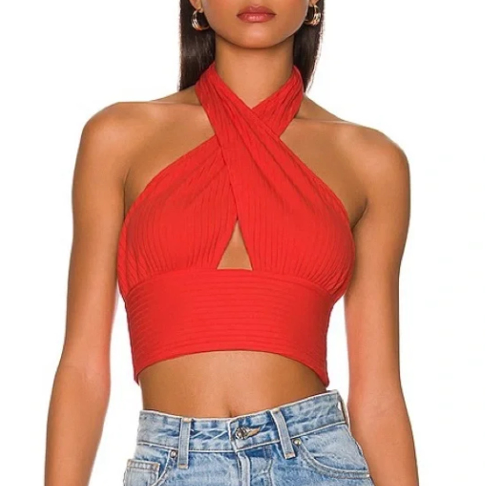 NWT Callahan Knitwear Mimi Ribbed Cropped Halter Tank‎ Top in Red